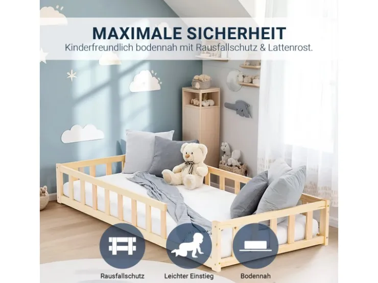 Homestyle4u Kinderbett Natur mit Rausfallschutz 90x200 cm Bodenbett Lattenrost Matratze 3025