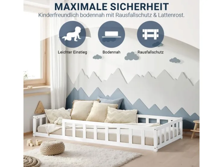 Homestyle4u Kinderbett mit Rausfallschutz 90x200 cm Bodenbett Lattenrost Matratze 3024* Betten