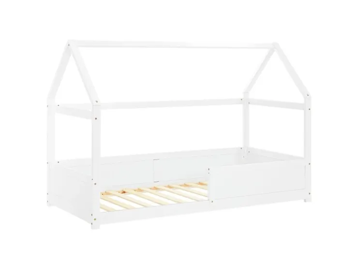 Homestyle4u Kinderbett Weiß Hausbett mit Rausfallschutz 90x200 cm Bodenbett 2811