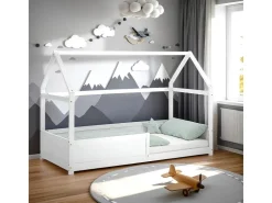 Homestyle4u Kinderbett Weiß Hausbett mit Rausfallschutz 90x200 cm Bodenbett 2811