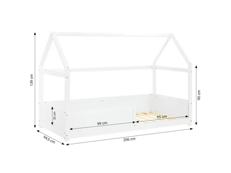 Homestyle4u Kinderbett Weiß Hausbett mit Rausfallschutz 90x200 cm Bodenbett 2811