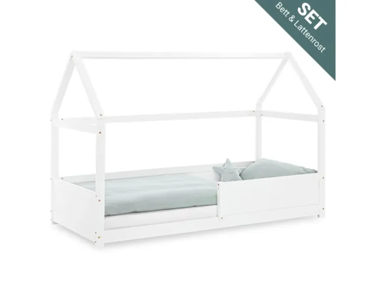 Homestyle4u Kinderbett Weiß Hausbett mit Rausfallschutz 90x200 cm Bodenbett 2811