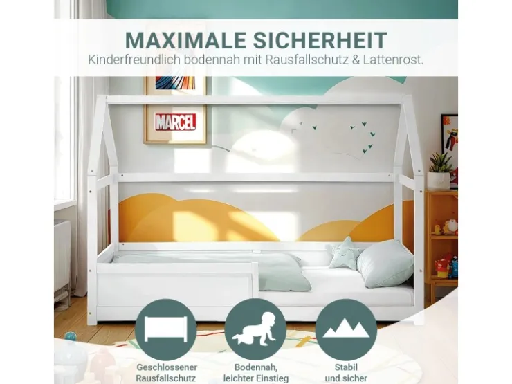 Homestyle4u Kinderbett Weiß Hausbett mit Rausfallschutz 90x200 cm Bodenbett 2811