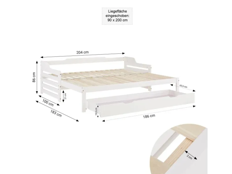 Homestyle4u Tagesbett Ausziehbett 90x200 cm mit Bettkasten Weiß mit Lattenrost 2799* Betten