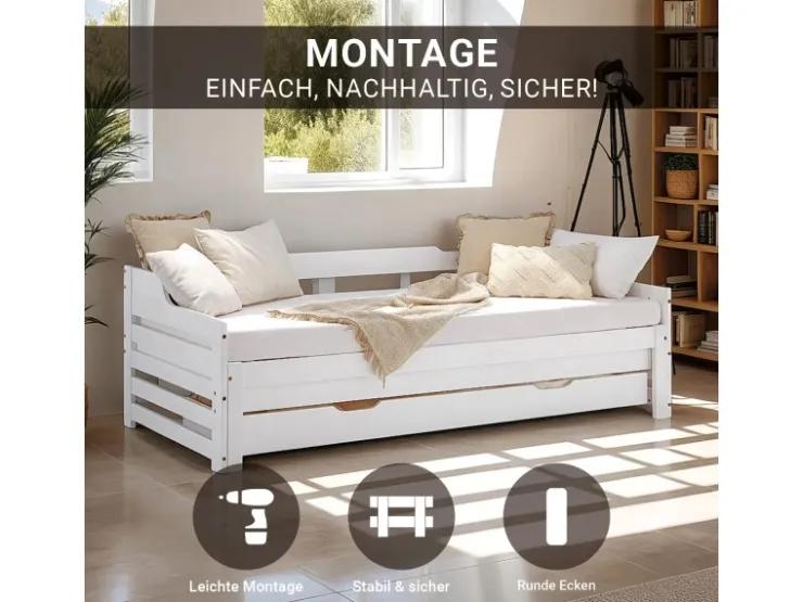 Homestyle4u Tagesbett Ausziehbett 90x200 cm mit Bettkasten Weiß mit Lattenrost 2799* Betten