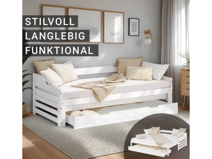 Homestyle4u Tagesbett Ausziehbett 90x200 cm mit Bettkasten Weiß mit Lattenrost 2799* Betten