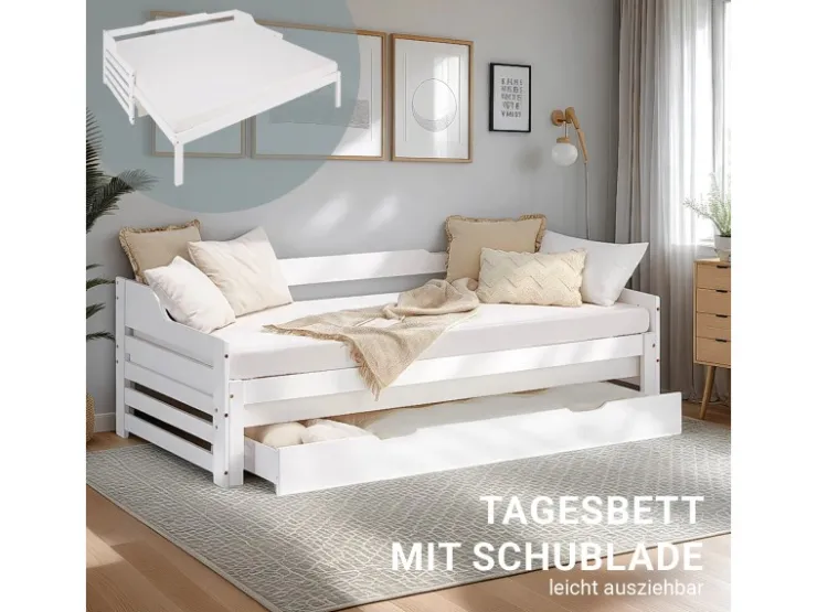 Homestyle4u Tagesbett Ausziehbett 90x200 cm mit Bettkasten Weiß mit Lattenrost 2799* Betten
