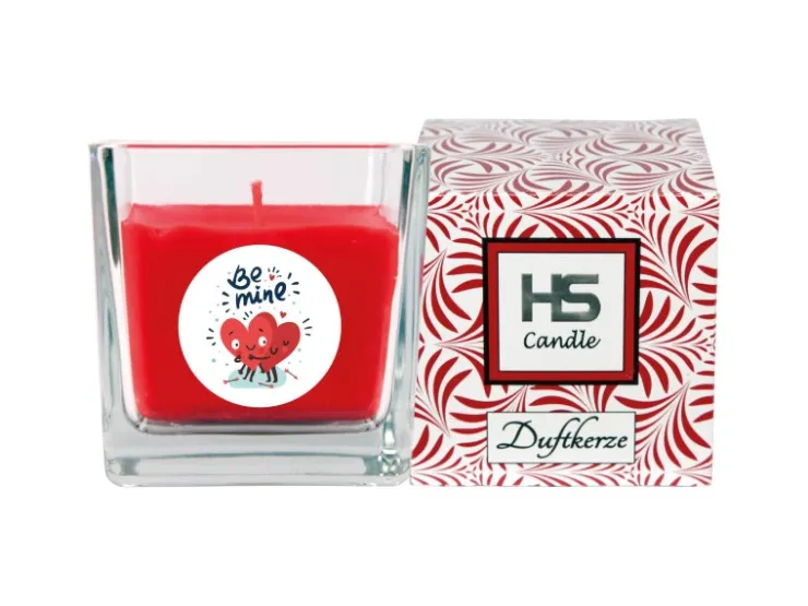 HS Candle Duftkerze & Glas Valentinstag Viereck 50h Be Mine