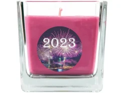 HS Candle Duftkerze & Glas Neujahr Lila Bonbon 50h