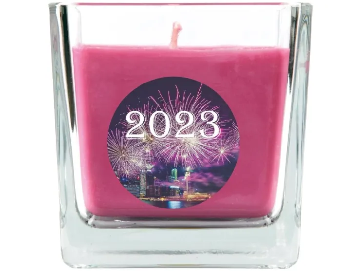 HS Candle Duftkerze & Glas Neujahr Lila Bonbon 50h