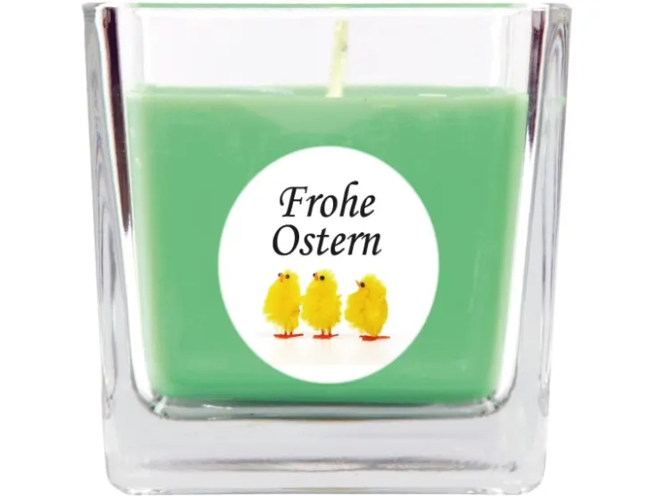 HS Candle Duftkerze & Glas Frohe Ostern Viereck 8 x 7,5cm Coconut Limes Küken* Ostern