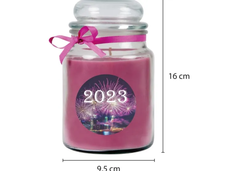 HS Candle Duftkerze & Glas Neujahr Lila Bonbon 110h