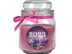HS Candle Duftkerze & Glas Neujahr Lila Bonbon 70h* Windlichter