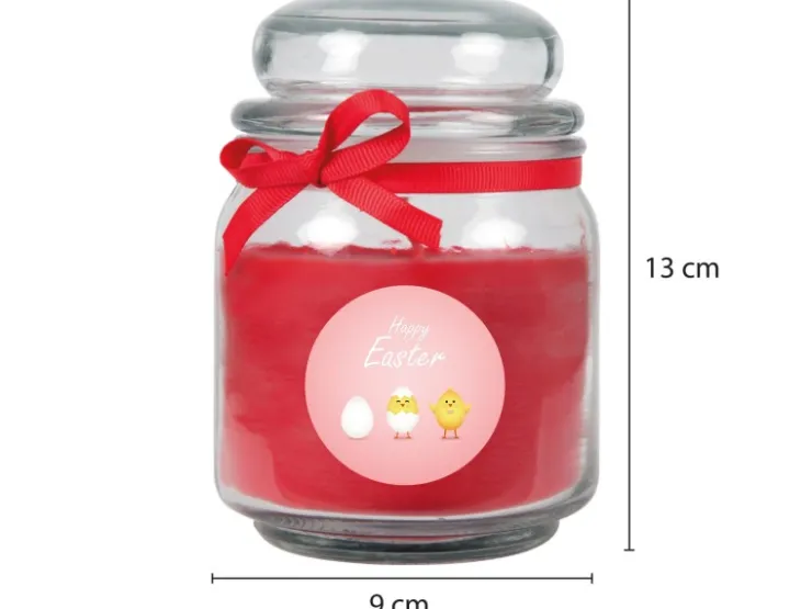 HS Candle Duftkerze & Glas Ostern Rot Bonbon 70h Küken* Ostern