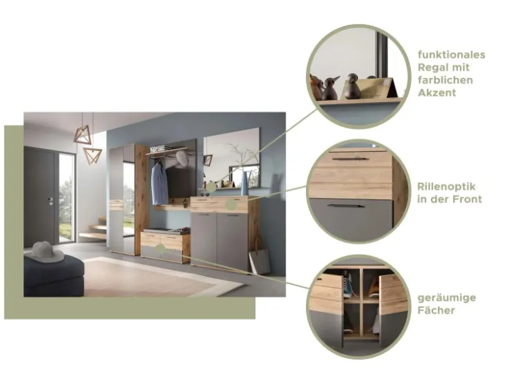 Inn.Furn Garderoben-Set Eiche Grau 3-teilig 175 cm mit Soft-Close Tomaso* Möbelserien