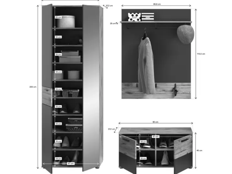 Inn.Furn Garderoben-Set Eiche Grau 3-teilig 175 cm mit Soft-Close Tomaso* Möbelserien