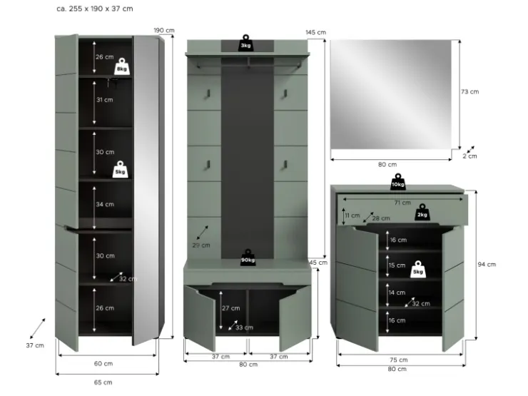 Inn.Furn Garderoben-Set 5-teilig in Salbei und Grau 255 cm Cooper* Möbelserien
