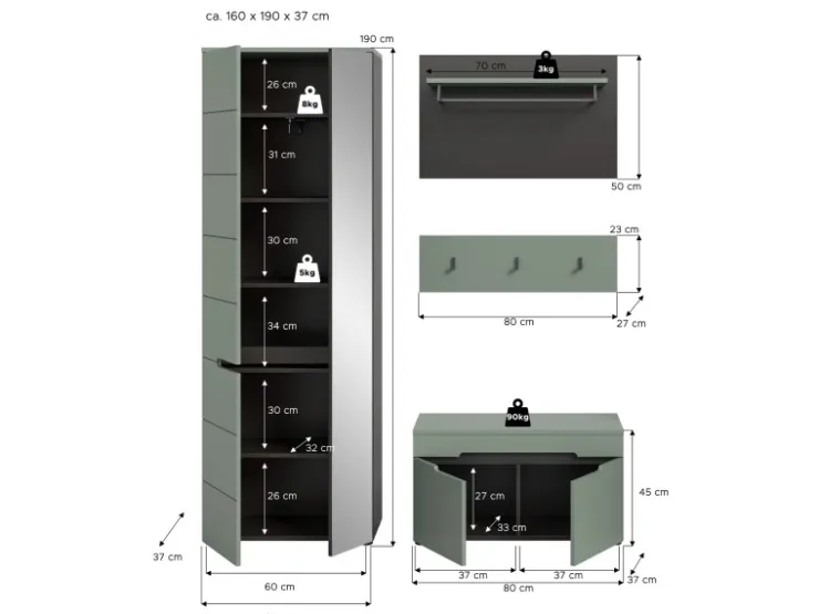 Inn.Furn Garderoben-Set 4-teilig in Salbei und Grau 160 cm Cooper