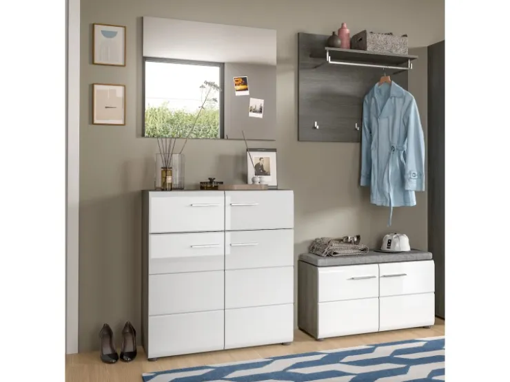 Inn.Furn Garderoben-Set 4-teilig Weiß Hochglanz Grau 175 cm Rumba* Möbelserien