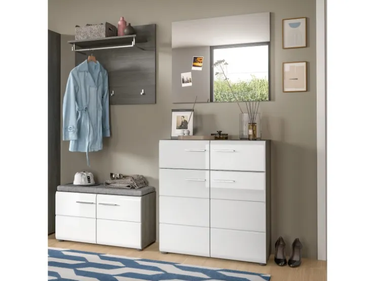 Inn.Furn Garderoben-Set 4-teilig Weiß Hochglanz Grau 175 cm Rumba* Möbelserien