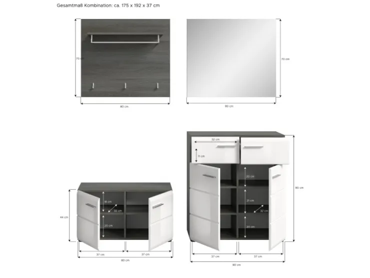 Inn.Furn Garderoben-Set 4-teilig Weiß Hochglanz Grau 175 cm Rumba* Möbelserien