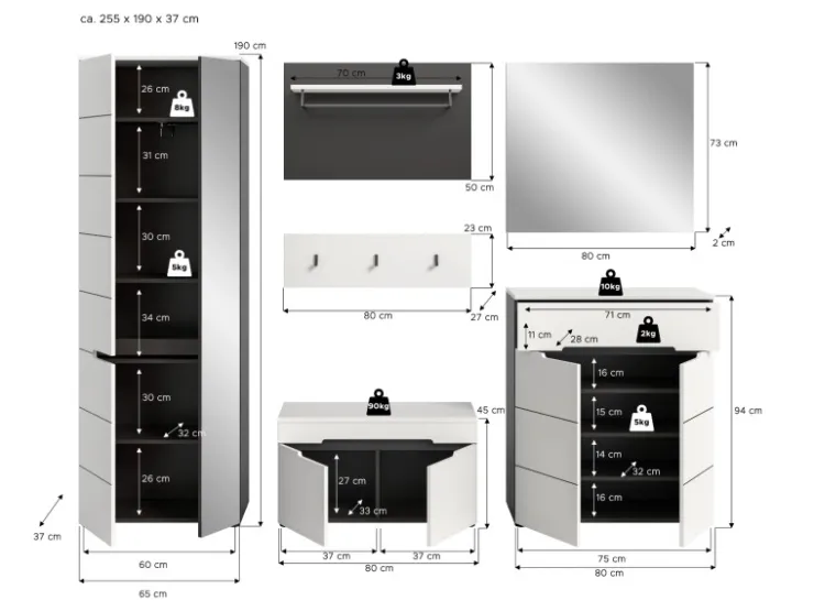 Inn.Furn Garderoben-Set 6-teilig in Weiß und Grau 255 cm Cooper* Möbelserien
