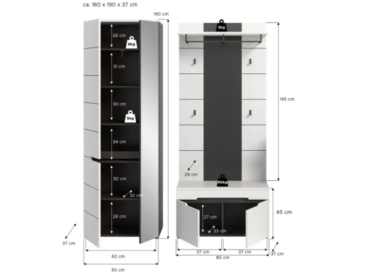 Inn.Furn Garderoben-Set 3-teilig in Weiß und Grau 160 cm Cooper