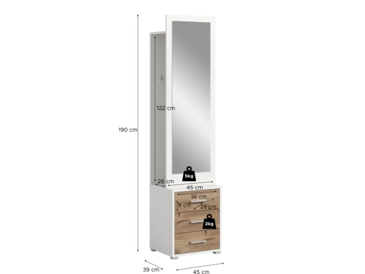Inn.Furn Kompaktgarderobe in Weiß und Eiche 45 x 190 cm Pallas* Möbelserien