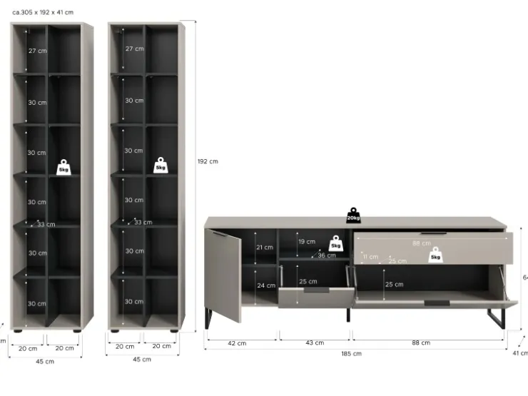 Inn.Furn Wohnwand in Kaschmir und Schwarz 305 cm mit Soft-Close Morena* Wohnwände