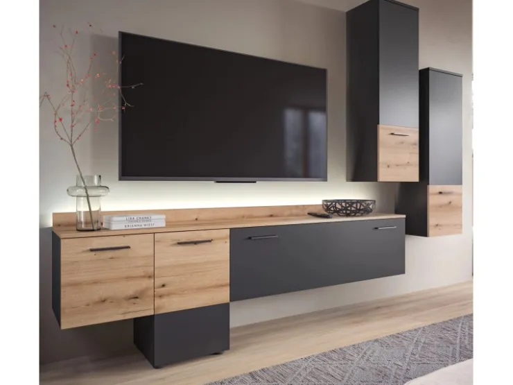 Inn.Furn Wohnwand 3-teilig Grau Evoke Eiche 247 cm mit Soft-Close Elian