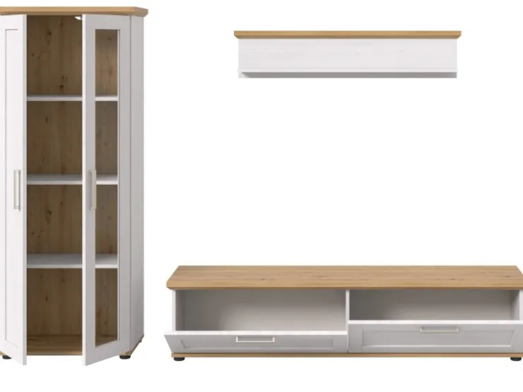 Inn.Furn Wohnwand 3-teilig in Weiß Lärche Landhaus 240 cm Mirano* Schweberegale