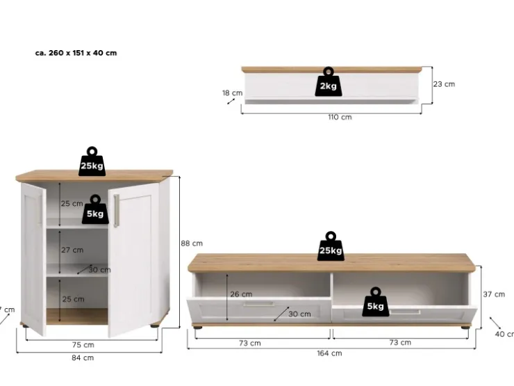 Inn.Furn Wohnwand 3-teilig in Weiß Lärche Landhaus 260 cm Mirano
