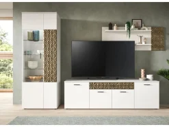 Inn.Furn Wohnwand Weiß Gold 3-teilig 305 cm Fühlbare 3D-Struktur Relief* Schweberegale|Wohnwände