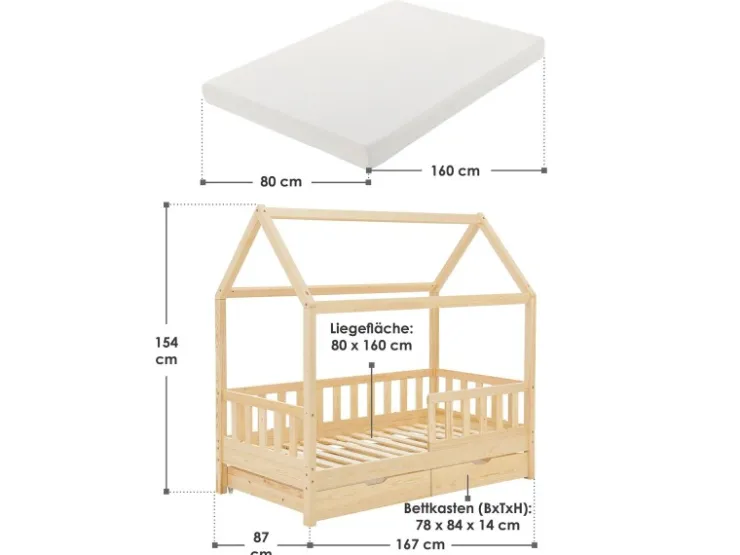 Juskys Kinderbett Marli 80 x 160 cm mit Bettkasten und Matratze