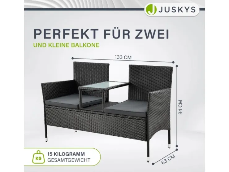 Juskys Polyrattan Gartenmöbel Sitzgruppe Monaco in Schwarz und Dunkelgraue Bezüge* Sitzbänke