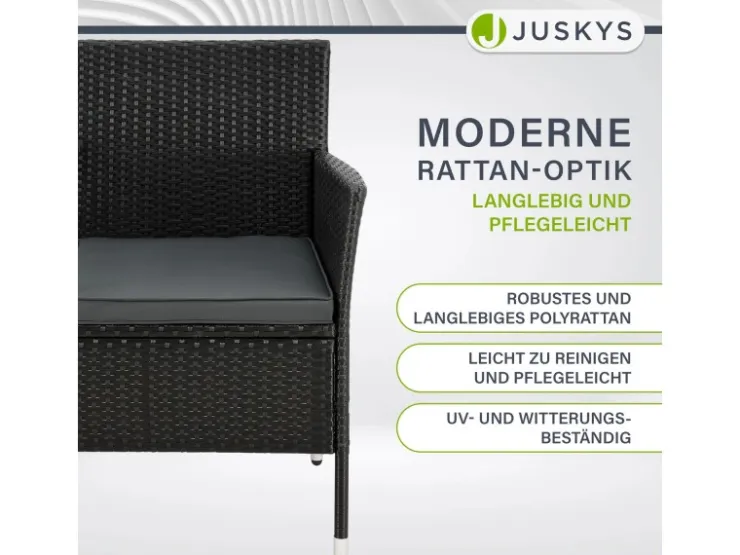 Juskys Polyrattan Gartenmöbel Sitzgruppe Monaco in Schwarz und Dunkelgraue Bezüge* Sitzbänke