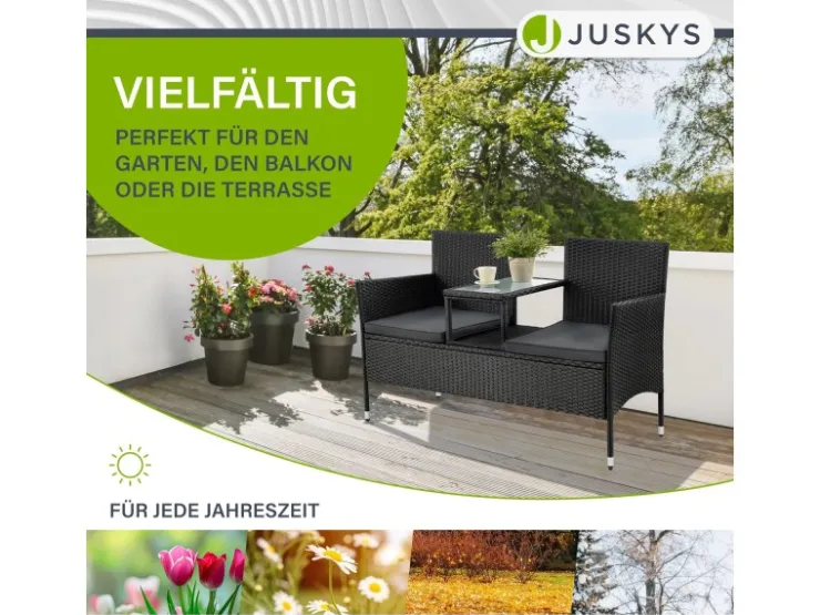Juskys Polyrattan Gartenmöbel Sitzgruppe Monaco in Schwarz und Dunkelgraue Bezüge* Sitzbänke