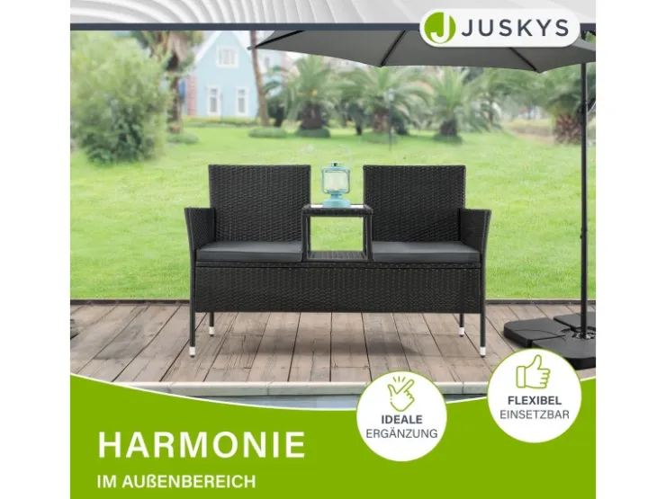 Juskys Polyrattan Gartenmöbel Sitzgruppe Monaco in Schwarz und Dunkelgraue Bezüge* Sitzbänke