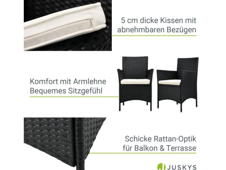 Juskys Polyrattan Gartenmöbel Balkon Set Bayamo in Schwarz mit Bezügen in Beige