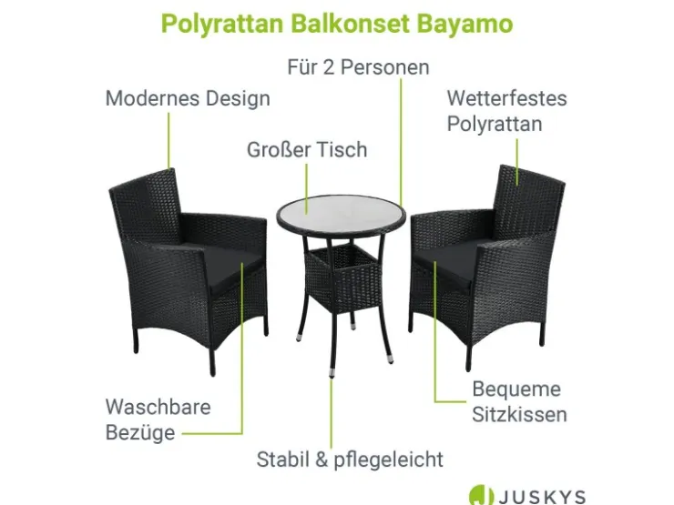 Juskys Polyrattan Gartenmöbel Balkon Set Bayamo in Schwarz mit Bezügen in Dunkelgrau* Kissen|Stühle