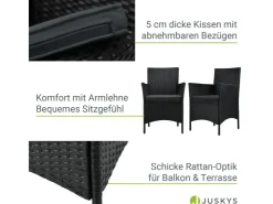 Juskys Polyrattan Gartenmöbel Balkon Set Bayamo in Schwarz mit Bezügen in Dunkelgrau* Kissen|Stühle