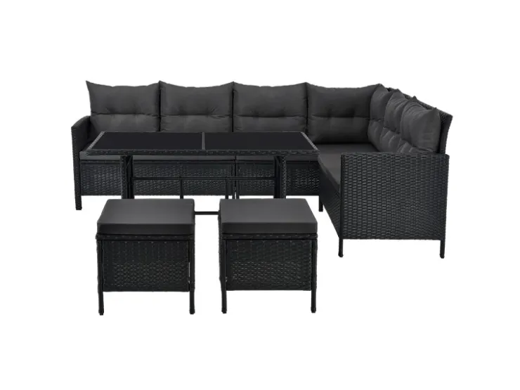 Juskys Polyrattan Gartenmöbel Lounge Manacor Schwarz mit Bezügen in Dunkelgrau* Hocker