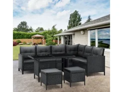 Juskys Polyrattan Gartenmöbel Lounge Manacor Schwarz mit Bezügen in Dunkelgrau* Hocker