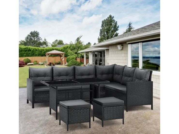 Juskys Polyrattan Gartenmöbel Lounge Manacor Schwarz mit Bezügen in Dunkelgrau* Hocker