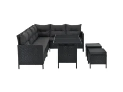 Juskys Polyrattan Gartenmöbel Lounge Manacor Schwarz mit Bezügen in Dunkelgrau* Hocker