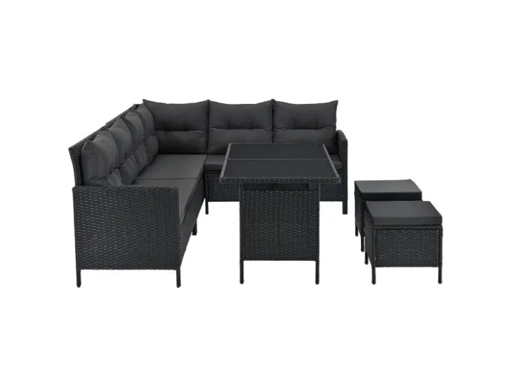 Juskys Polyrattan Gartenmöbel Lounge Manacor Schwarz mit Bezügen in Dunkelgrau* Hocker