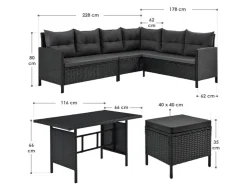 Juskys Polyrattan Gartenmöbel Lounge Manacor Schwarz mit Bezügen in Dunkelgrau* Hocker