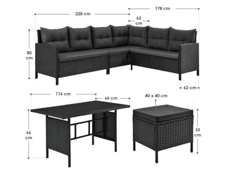 Juskys Polyrattan Gartenmöbel Lounge Manacor Schwarz mit Bezügen in Dunkelgrau* Hocker