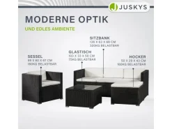 Juskys Polyrattan Lounge Sitzgarnitur Punta Cana L Schwarz mit Bezügen in Creme* Kissenbezüge