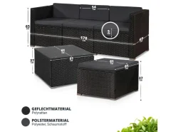 Juskys Polyrattan Lounge Sitzgarnitur Punta Cana M Schwarz mit Bezügen in Dunkelgrau
